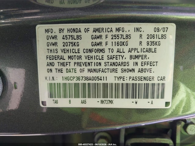 Aukcja sprzedaży 2008 Honda Accord 3.5 Ex, vin: 1HGCP36738A005411, numer aukcji: 45327423