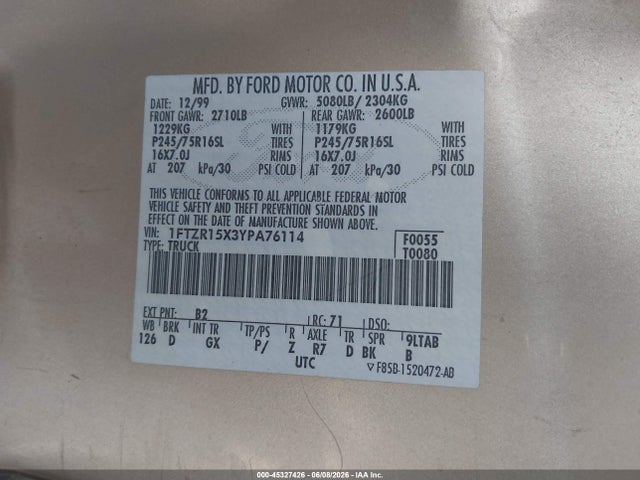 45327426 :رقم المزاد ، 1FTZR15X3YPA76114 vin ، 2000 Ford Ranger Xlt مزاد بيع