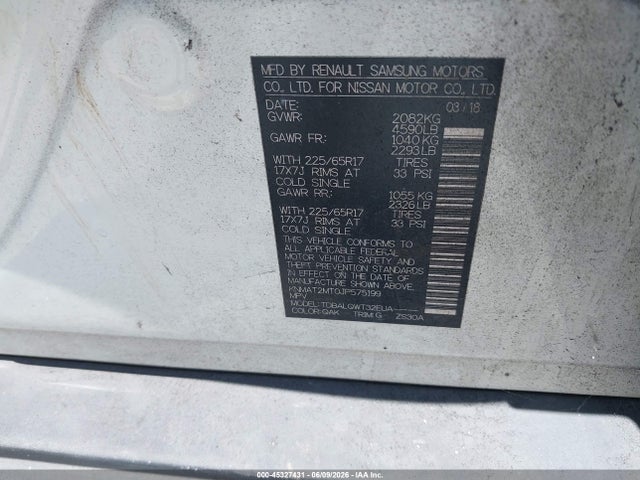 Aukcja sprzedaży 2018 Nissan Rogue Sv, vin: KNMAT2MT0JP575199, numer aukcji: 45327431