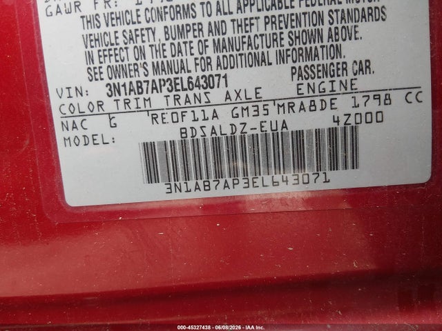 3N1AB7AP3EL643071 Nissan Sentra Fe+ S/fe+ Sv/s/sl/sr/sv