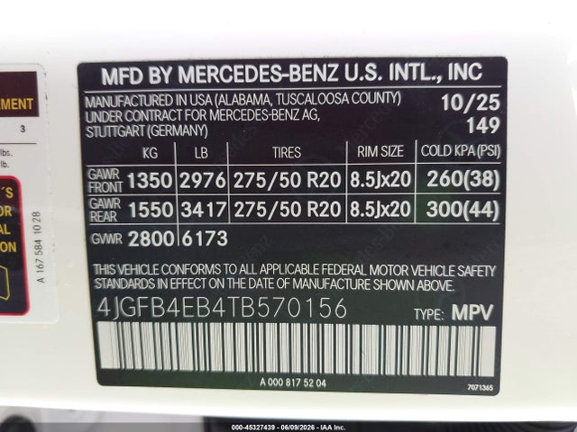 Aukcja sprzedaży 2026 Mercedes-benz Gle 350, vin: 4JGFB4EB4TB570156, numer aukcji: 45327439