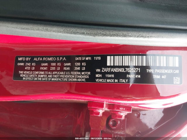 Aukcja sprzedaży 2020 Alfa Romeo Giulia Ti Sport Awd, vin: ZARFANBN0L7625271, numer aukcji: 45327441