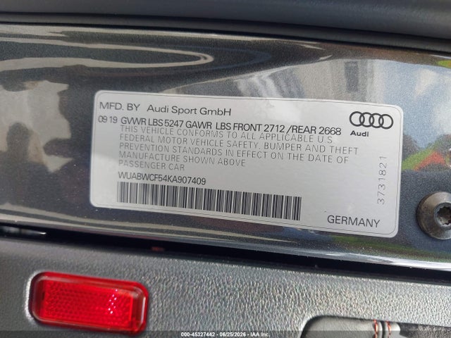 Aukcja sprzedaży 2019 Audi Rs 5 2.9t, vin: WUABWCF54KA907409, numer aukcji: 45327442