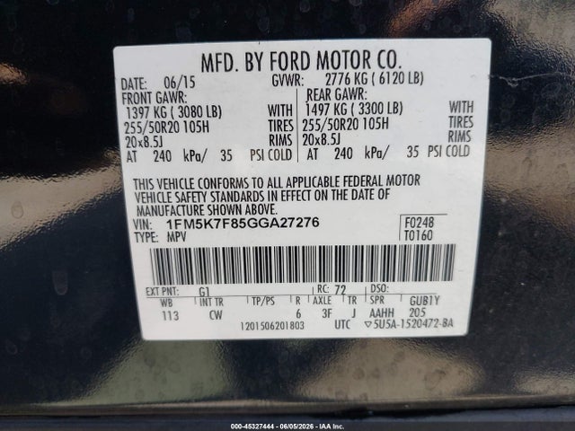 45327444 :رقم المزاد ، 1FM5K7F85GGA27276 vin ، 2016 Ford Explorer Limited مزاد بيع