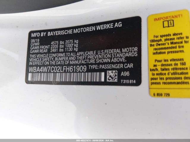 Aukcja sprzedaży 2020 Bmw 440i, vin: WBA4W7C02LFH61909, numer aukcji: 45327474