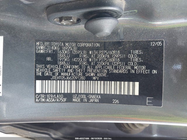 45327496 :رقم المزاد ، JTEHT05J662091280 vin ، 2006 Toyota Land Cruiser V8 مزاد بيع