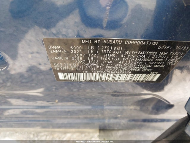 2021 Subaru Ascent Limited მანქანა იყიდება აუქციონზე, vin: 4S4WMAPD1M3475976, აუქციონის ნომერი: 45327516