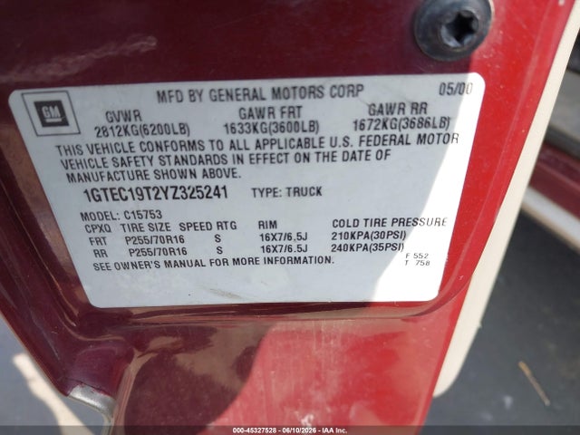 Продаж на аукціоні авто 2000 Gmc Sierra 1500 Sle, vin: 1GTEC19T2YZ325241, номер лоту: 45327528