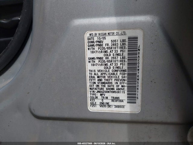 Aukcja sprzedaży 2006 Nissan Murano S, vin: JN8AZ08W76W506115, numer aukcji: 45327569