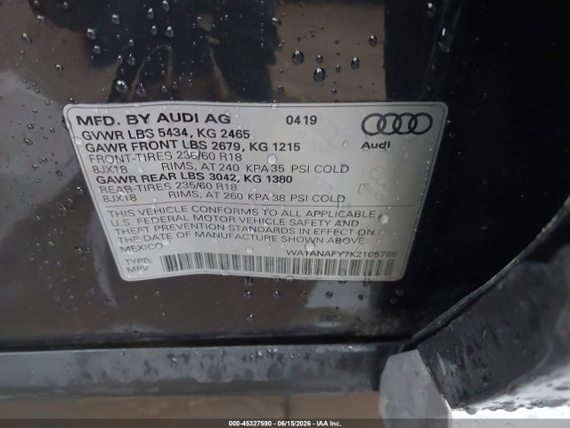 Продажа на аукционе авто 2019 Audi Q5 45 Premium, vin: WA1ANAFY7K2105788, номер лота: 45327590