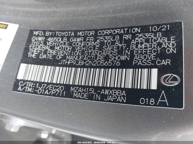 Auction sale of the 2022 Lexus Ux 250h, vin: JTHP9JBH2N2056576, lot number: 45327627