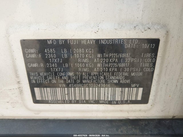 Aukcja sprzedaży 2013 Subaru Outback 2.5i Limited, vin: 4S4BRCSC1D3243016, numer aukcji: 45327628
