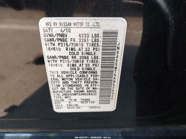 2010 Nissan Rogue S მანქანა იყიდება აუქციონზე, vin: JN8AS5MT5AW506930, აუქციონის ნომერი: 45327671