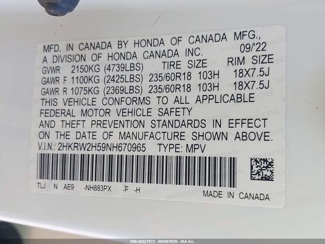 Auction sale of the 2022 Honda Cr-v Awd Ex, vin: 2HKRW2H59NH670965, lot number: 45327672