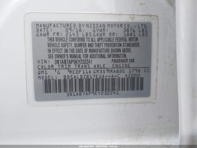 Aukcja sprzedaży 2019 Nissan Sentra Sv, vin: 3N1AB7AP9KY232241, numer aukcji: 45327691