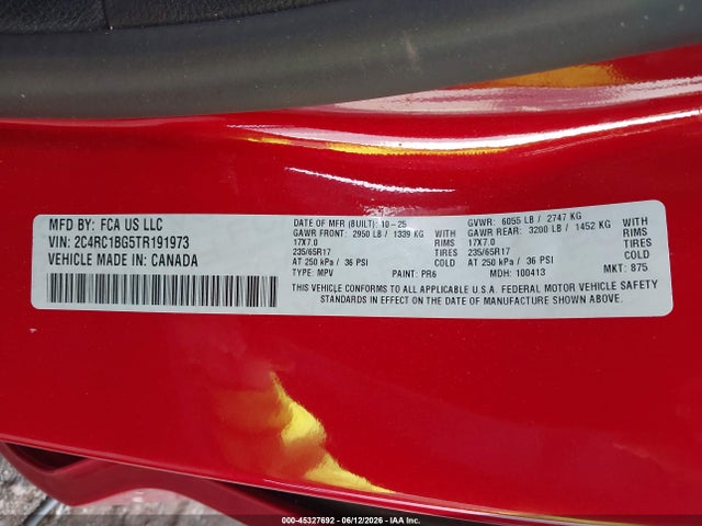 Продажа на аукционе авто 2026 Chrysler Pacifica Select, vin: 2C4RC1BG5TR191973, номер лота: 45327692