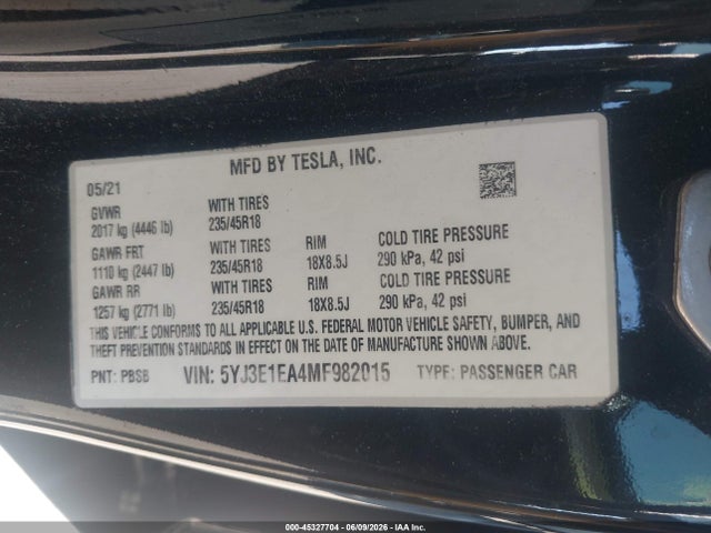 Auction sale of the 2021 Tesla Model 3 Standard Range Plus Rear-wheel Drive, vin: 5YJ3E1EA4MF982015, lot number: 45327704