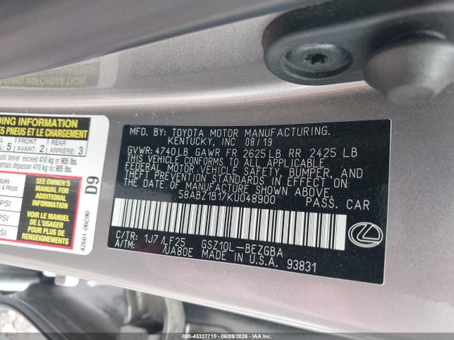 Aukcja sprzedaży 2019 Lexus Es 350 F Sport, vin: 58ABZ1B17KU048900, numer aukcji: 45327710