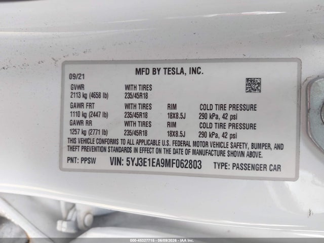 Продажа на аукционе авто 2021 Tesla Model 3 Standard Range Plus Rear-wheel Drive, vin: 5YJ3E1EA9MF062803, номер лота: 45327715