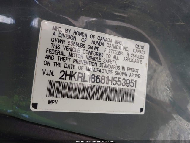 2001 Honda Odyssey Ex მანქანა იყიდება აუქციონზე, vin: 2HKRL18681H553951, აუქციონის ნომერი: 45327724
