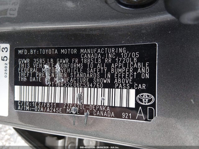 Продаж на аукціоні авто 2006 Toyota Corolla Le, vin: 2T1BR32E06C594760, номер лоту: 45327726