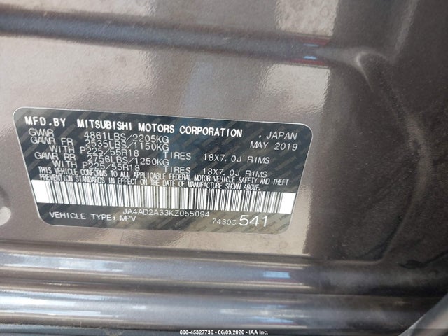 Продаж на аукціоні авто 2019 Mitsubishi Outlander Es, vin: JA4AD2A33KZ055094, номер лоту: 45327736