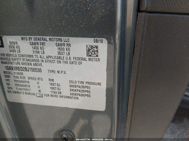 Aukcja sprzedaży 2011 Gmc Acadia Slt-1, vin: 1GKKVRED2BJ156536, numer aukcji: 45327745