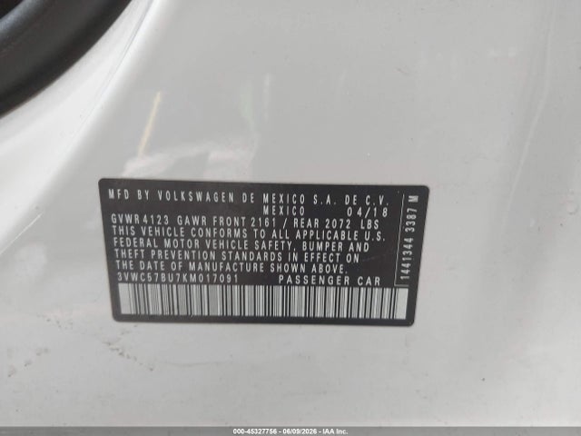 45327756 :رقم المزاد ، 3VWC57BU7KM017091 vin ، 2019 Volkswagen Jetta 1.4t R-line/1.4t S/1.4t Se مزاد بيع