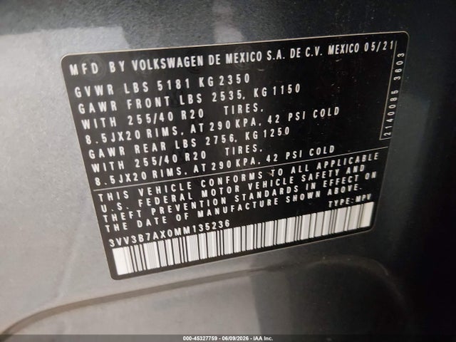Продаж на аукціоні авто 2021 Volkswagen Tiguan 2.0t Se/2.0t Se R-line Black/2.0t Sel, vin: 3VV3B7AX0MM135236, номер лоту: 45327759
