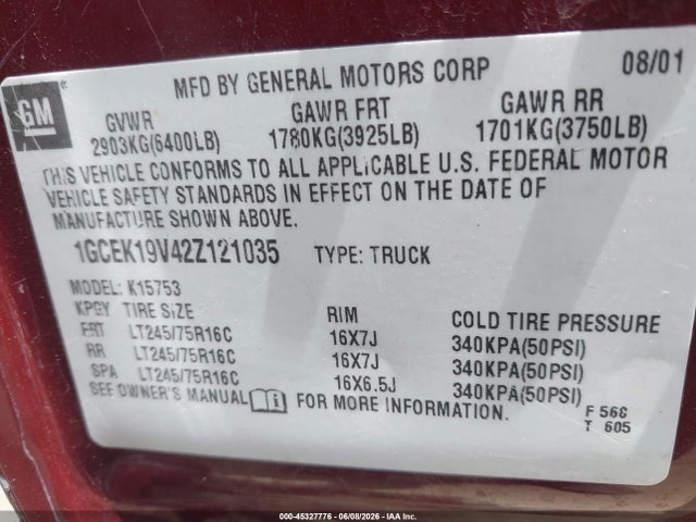 2002 Chevrolet Silverado 1500 Ls მანქანა იყიდება აუქციონზე, vin: 1GCEK19V42Z121035, აუქციონის ნომერი: 45327776