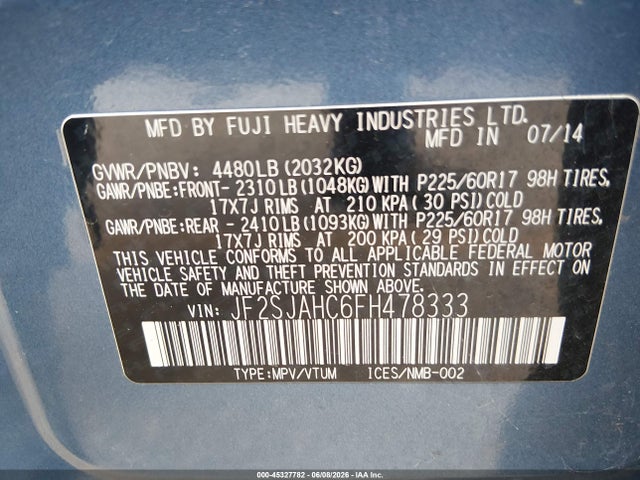 45327782 :رقم المزاد ، JF2SJAHC6FH478333 vin ، 2015 Subaru Forester 2.5i Limited مزاد بيع