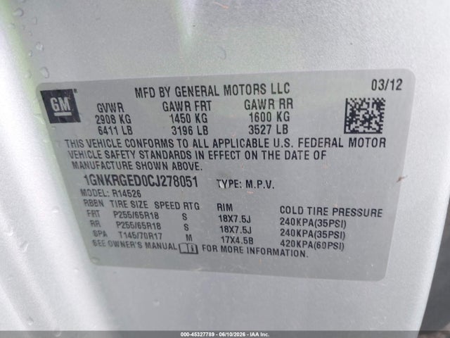 45327789 :رقم المزاد ، 1GNKRGED0CJ278051 vin ، 2012 Chevrolet Traverse 1lt مزاد بيع