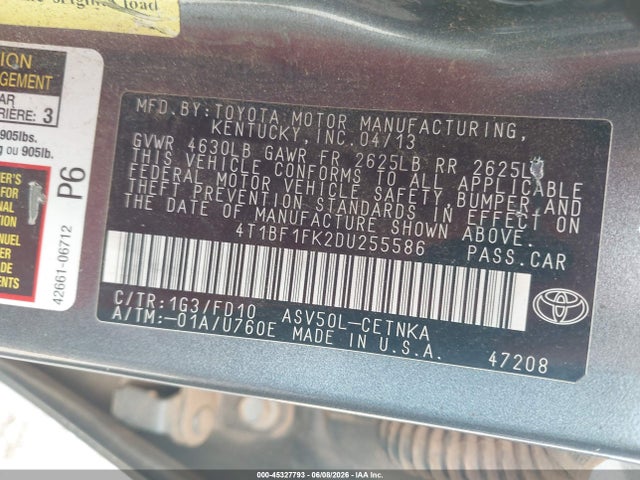 2013 Toyota Camry Le მანქანა იყიდება აუქციონზე, vin: 4T1BF1FK2DU255586, აუქციონის ნომერი: 45327793