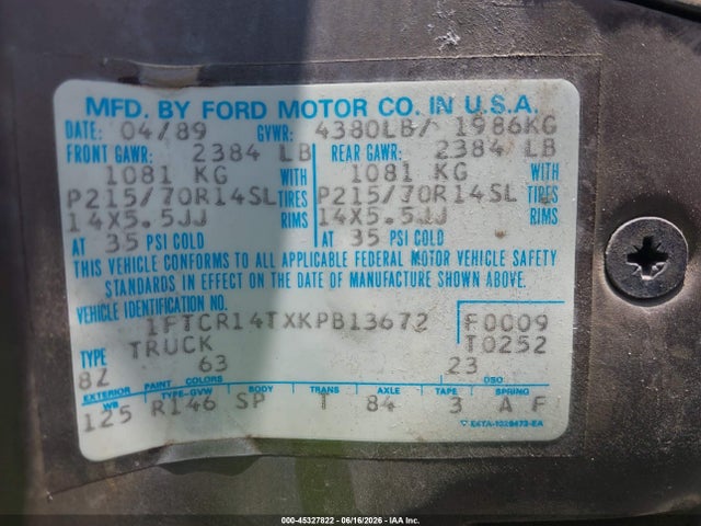 Aukcja sprzedaży 1989 Ford Ranger Super Cab, vin: 1FTCR14TXKPB13672, numer aukcji: 45327822