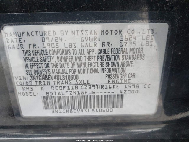 Aukcja sprzedaży 2025 Nissan Versa 1.6 Sv, vin: 3N1CN8EV4SL810600, numer aukcji: 45327854