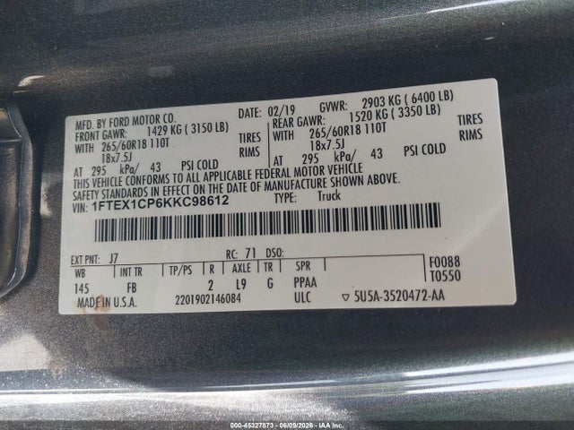 Aukcja sprzedaży 2019 Ford F-150 Xlt, vin: 1FTEX1CP6KKC98612, numer aukcji: 45327873