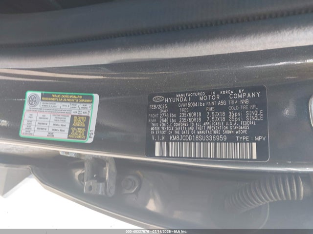 2025 Hyundai Tucson Hybrid Sel Convenience მანქანა იყიდება აუქციონზე, vin: KM8JCDD18SU336959, აუქციონის ნომერი: 45327876