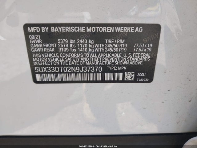 45327883 :رقم المزاد ، 5UX33DT02N9J37370 vin ، 2022 Bmw X4 Xdrive30i مزاد بيع