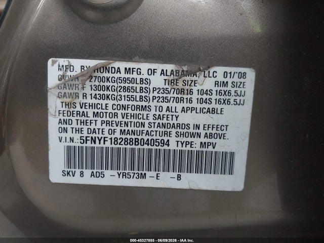 45327885 :رقم المزاد ، 5FNYF18288B040594 vin ، 2008 Honda Pilot Vp مزاد بيع