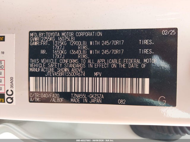 45327893 :رقم المزاد ، JTEVA5BR1S5009674 vin ، 2025 Toyota 4runner Sr5 مزاد بيع