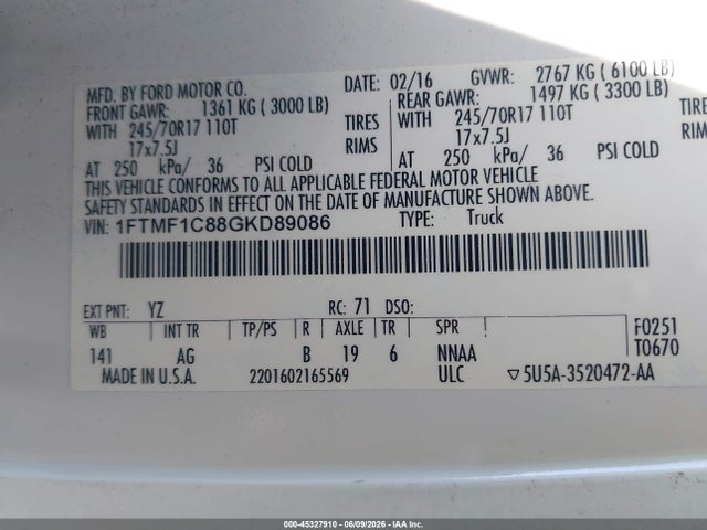 Ford F-150 Xl 2016 1FTMF1C88GKD89086 Image 9