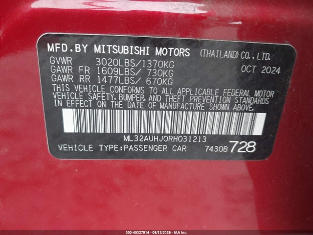 Продаж на аукціоні авто 2024 Mitsubishi Mirage Es/le, vin: ML32AUHJ0RH031213, номер лоту: 45327914