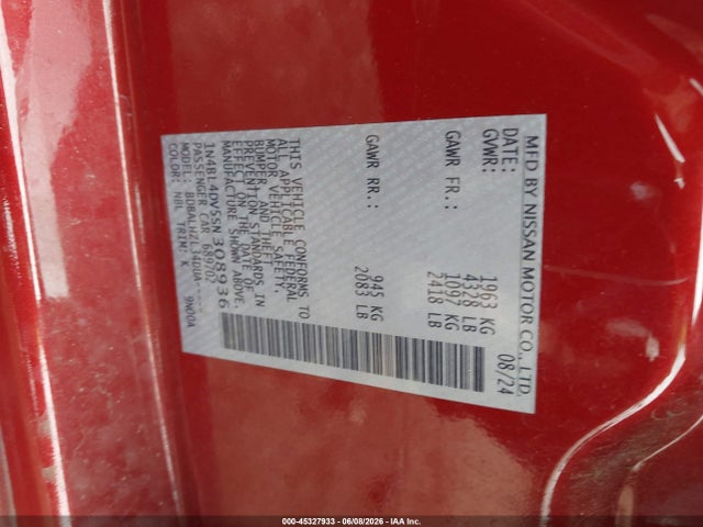 45327933 :رقم المزاد ، 1N4BL4DV5SN308936 vin ، 2025 Nissan Altima Sv Fwd مزاد بيع
