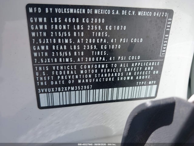 2023 Volkswagen Taos 1.5t Se მანქანა იყიდება აუქციონზე, vin: 3VVUX7B2XPM352967, აუქციონის ნომერი: 45327940