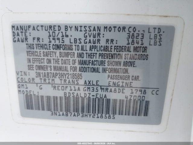Aukcja sprzedaży 2017 Nissan Sentra Sv, vin: 3N1AB7AP3HY218585, numer aukcji: 45327943