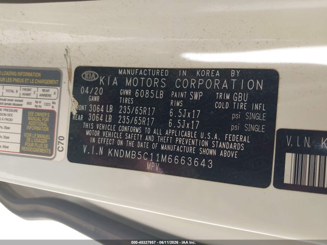 Aukcja sprzedaży 2021 Kia Sedona Lx, vin: KNDMB5C11M6663643, numer aukcji: 45327957