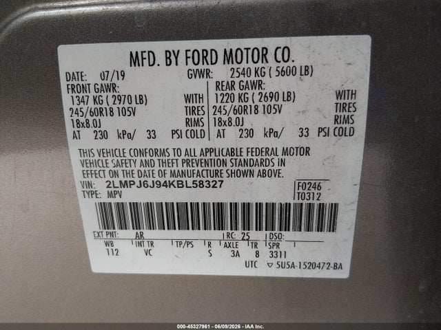 Продаж на аукціоні авто 2019 Lincoln Nautilus Standard, vin: 2LMPJ6J94KBL58327, номер лоту: 45327961