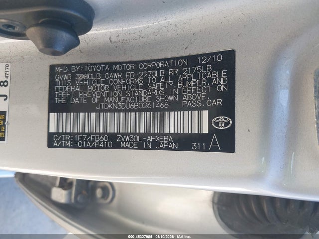 45327985 :رقم المزاد ، JTDKN3DU6B0261466 vin ، 2011 Toyota Prius Two مزاد بيع