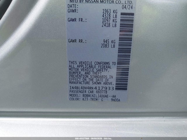 Продажа на аукционе авто 2024 Nissan Altima Sv Fwd, vin: 1N4BL4DV4RN417933, номер лота: 45327989