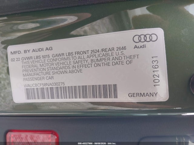 Продаж на аукціоні авто 2022 Audi A5 Sportback Premium Plus 40 Tfsi Quattro S Tronic, vin: WAUCBCF58NA030275, номер лоту: 45327998